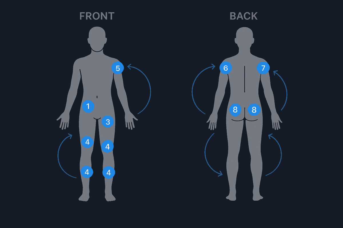 Body map showing 8 primary peptide injection sites with numbered rotation pattern