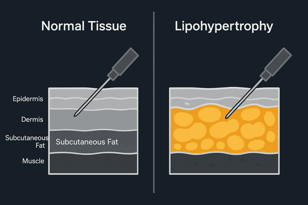 Cross-section comparison of normal subcutaneous tissue versus lipohypertrophy from repeated injection site use