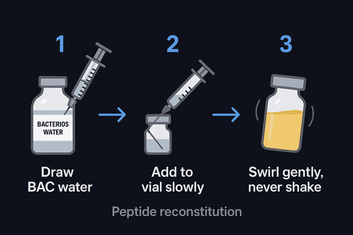 Three-step peptide reconstitution process: draw BAC water, add to vial slowly, swirl gently