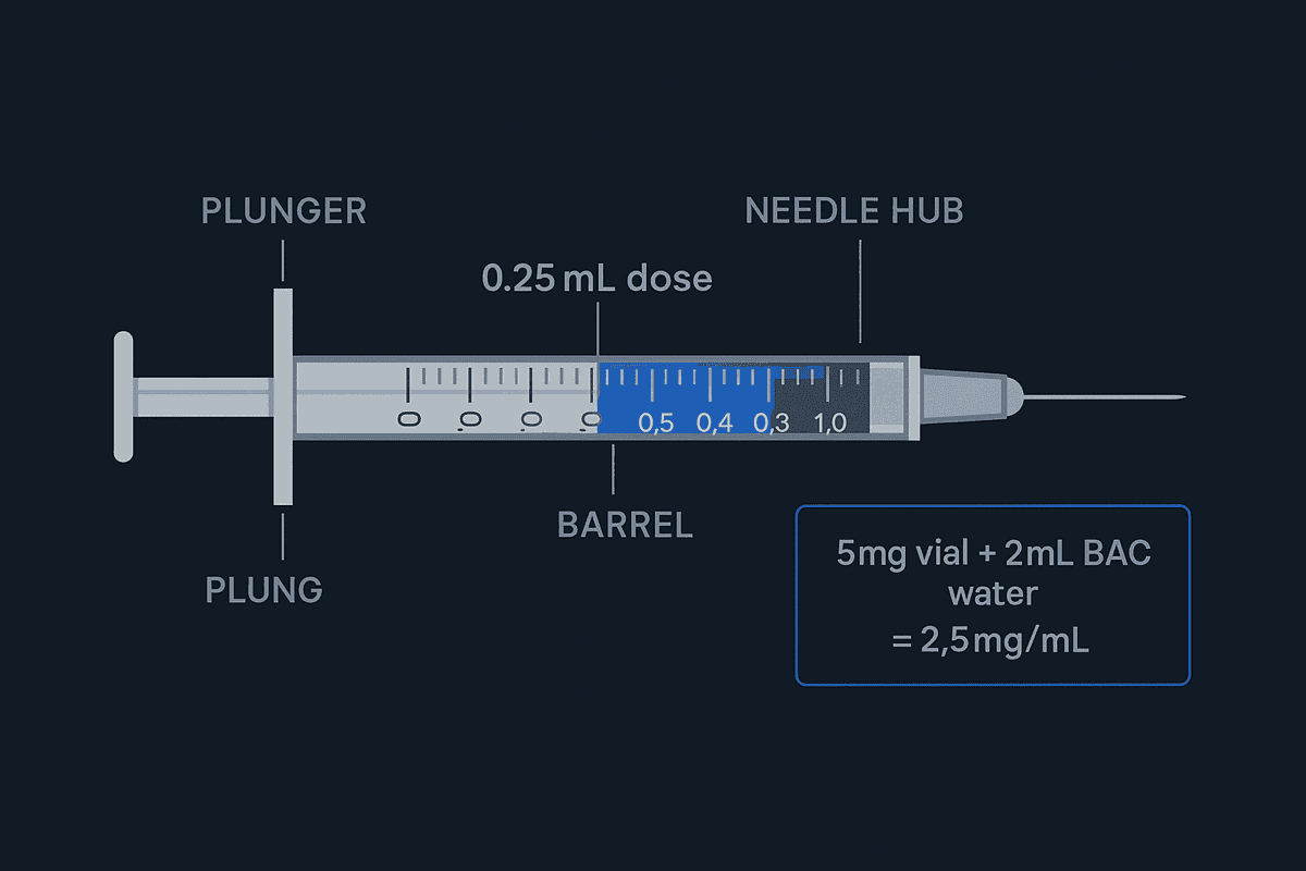 Insulin syringe measurement diagram showing 0.25mL dose marking and reconstitution math